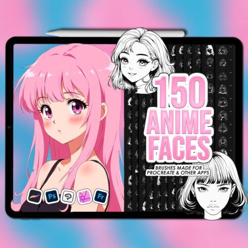 Procreate classic anime female faces | Photoshop & Clip Studio stamps