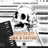 Procreate Ink & Tattoo brushes cover image showing a black and white skull tattoo illustration with flowers, examples of liner, shader and dotwork strokes, an iPad brush palette, Apple Pencil, and the text “125 liners • shaders • dotwork” and “Procreate Ink & Tattoo – brushes for Procreate app”.