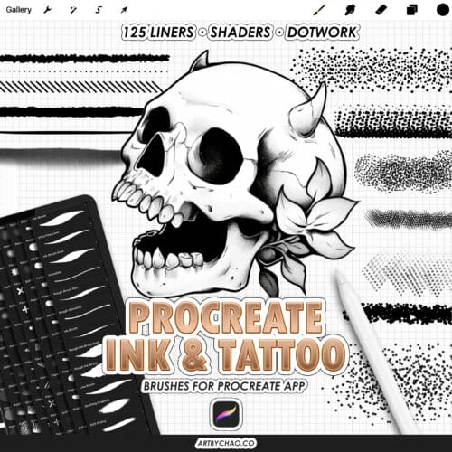 Procreate Ink & Tattoo brushes cover image showing a black and white skull tattoo illustration with flowers, examples of liner, shader and dotwork strokes, an iPad brush palette, Apple Pencil, and the text “125 liners • shaders • dotwork” and “Procreate Ink & Tattoo – brushes for Procreate app”.