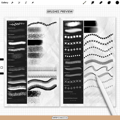 Procreate Ink & Tattoo brushes cover image showing a black and white skull tattoo illustration with flowers, examples of liner, shader and dotwork strokes, an iPad brush palette, Apple Pencil, and the text “125 liners • shaders • dotwork” and “Procreate Ink & Tattoo – brushes for Procreate app”.