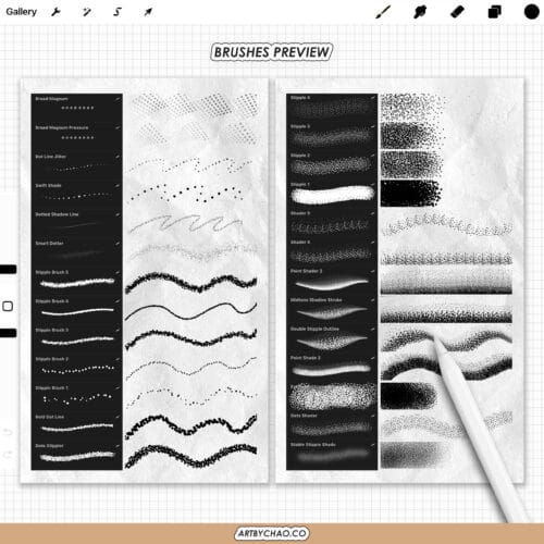 Procreate Ink & Tattoo brushes cover image showing a black and white skull tattoo illustration with flowers, examples of liner, shader and dotwork strokes, an iPad brush palette, Apple Pencil, and the text “125 liners • shaders • dotwork” and “Procreate Ink & Tattoo – brushes for Procreate app”.