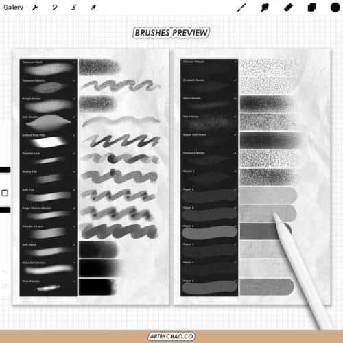 Procreate Ink & Tattoo brushes cover image showing a black and white skull tattoo illustration with flowers, examples of liner, shader and dotwork strokes, an iPad brush palette, Apple Pencil, and the text “125 liners • shaders • dotwork” and “Procreate Ink & Tattoo – brushes for Procreate app”.