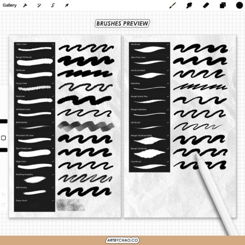 Procreate Ink & Tattoo brushes cover image showing a black and white skull tattoo illustration with flowers, examples of liner, shader and dotwork strokes, an iPad brush palette, Apple Pencil, and the text “125 liners • shaders • dotwork” and “Procreate Ink & Tattoo – brushes for Procreate app”.