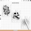 Procreate Ink & Tattoo brushes cover image showing a black and white skull tattoo illustration with flowers, examples of liner, shader and dotwork strokes, an iPad brush palette, Apple Pencil, and the text “125 liners • shaders • dotwork” and “Procreate Ink & Tattoo – brushes for Procreate app”.