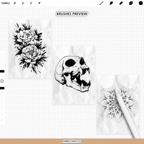Procreate Ink & Tattoo brushes cover image showing a black and white skull tattoo illustration with flowers, examples of liner, shader and dotwork strokes, an iPad brush palette, Apple Pencil, and the text “125 liners • shaders • dotwork” and “Procreate Ink & Tattoo – brushes for Procreate app”.