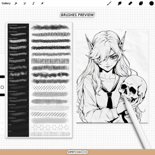 Procreate Ink & Tattoo brushes cover image showing a black and white skull tattoo illustration with flowers, examples of liner, shader and dotwork strokes, an iPad brush palette, Apple Pencil, and the text “125 liners • shaders • dotwork” and “Procreate Ink & Tattoo – brushes for Procreate app”.