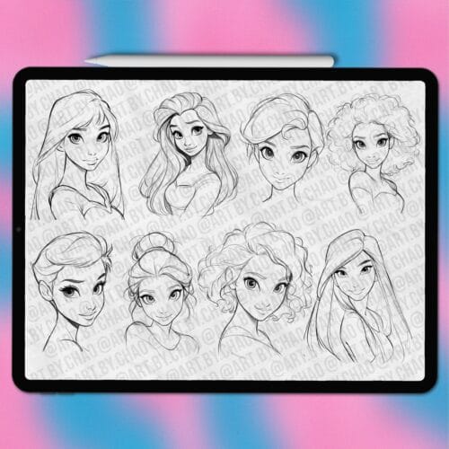 Procreate cartoon princess faces | Photoshop & Clip Studio stamps