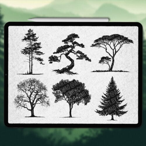 Procreate tree silhouette stamps | Photoshop & Clip Studio tree silhouette stamps