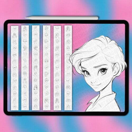 Procreate cartoon princess faces | Photoshop & Clip Studio stamps