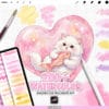 Etsy listing cover for a Procreate brush set: 200+ watercolor brushes, a cute fluffy white kitten holding a fish inside a pink watercolor heart, watercolor swatches and paint strokes around it, with an iPad and stylus, text “200+ WATERCOLOUR BRUSHES FOR PROCREATE APP” and “ARTBYCHAO.CO”.