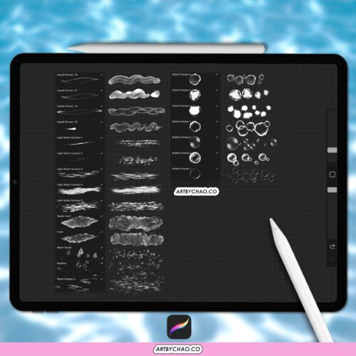 Procreate White Liquid Brushes – fluid, flow, water, splashes, drop, drip brushes