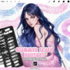 Digital art featuring a woman with long, dark blue hair and a pink mermaid-style dress. The image promotes "Glimmer Scale Brushes" for the Procreate app, with a tablet displaying brush samples and a stylus.