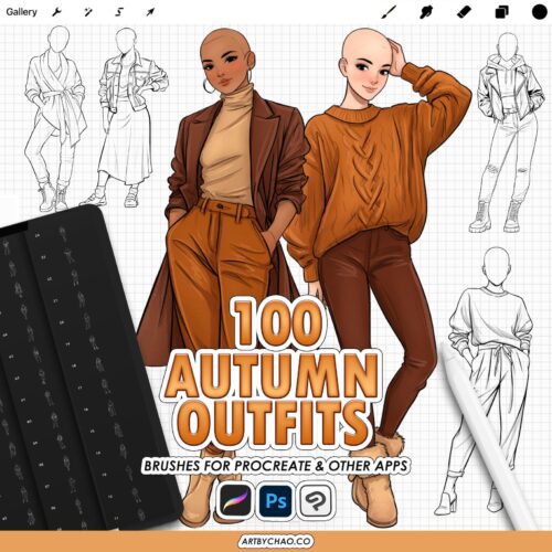 Procreate Autumn Outfit Stamps - women fall fashion clothing stamps & poses (Photoshop, CSP supported)