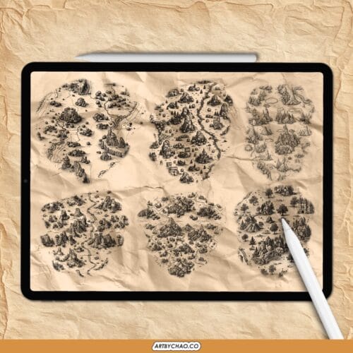 Procreate Map Brushes – 350 Fantasy Map Stamps & Pattern Brushes: castle, nature, terrain, trees, towns (Photoshop supported)