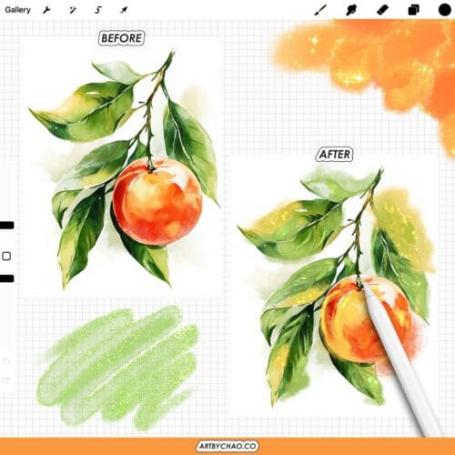 Procreate Glitter Watercolor Brushes – watercolor sparkle washes, glow strokes, grain & edges