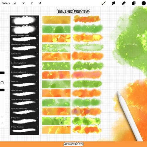 Procreate Glitter Watercolor Brushes – watercolor sparkle washes, glow strokes, grain & edges