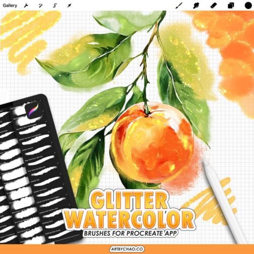 Procreate Glitter Watercolor Brushes – watercolor sparkle washes, glow strokes, grain & edges