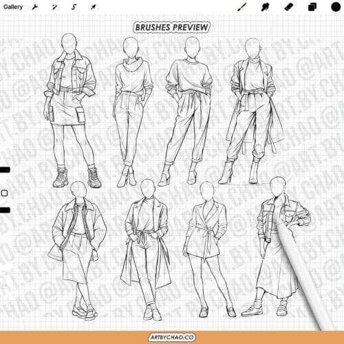 Procreate Autumn Outfit Stamps - women fall fashion clothing stamps & poses (Photoshop, CSP supported)