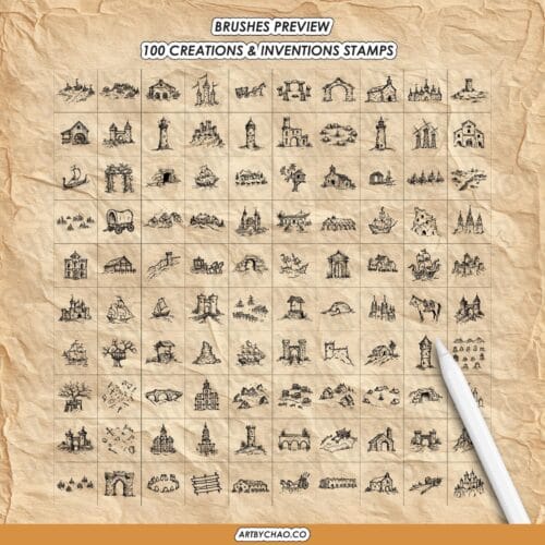 Procreate Map Brushes – 350 Fantasy Map Stamps & Pattern Brushes: castle, nature, terrain, trees, towns (Photoshop supported)