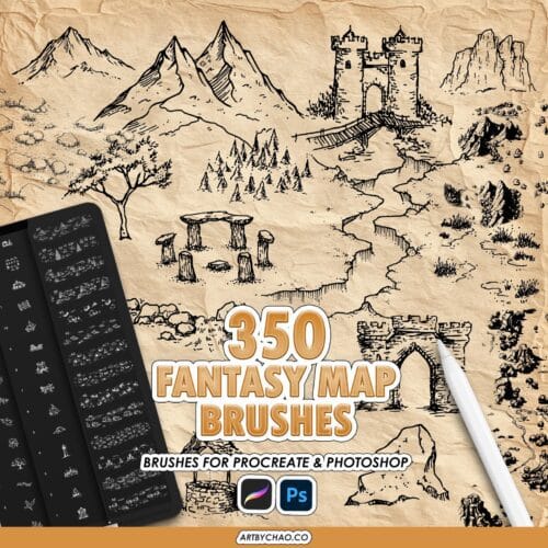 Procreate Map Brushes – 350 Fantasy Map Stamps & Pattern Brushes: castle, nature, terrain, trees, towns (Photoshop supported)