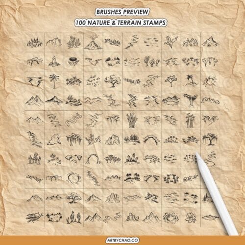 Procreate Map Brushes – 350 Fantasy Map Stamps & Pattern Brushes: castle, nature, terrain, trees, towns (Photoshop supported)