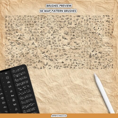 Procreate Map Brushes – 350 Fantasy Map Stamps & Pattern Brushes: castle, nature, terrain, trees, towns (Photoshop supported)