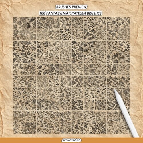 Procreate Map Brushes – 350 Fantasy Map Stamps & Pattern Brushes: castle, nature, terrain, trees, towns (Photoshop supported)