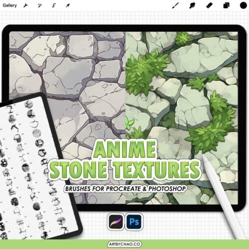 Procreate Manga Stone Textures: anime rock, brick, marble & pebble pattern brushes (Photoshop supported)