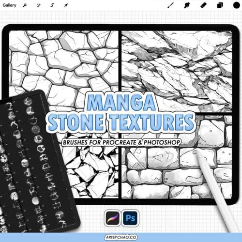 Procreate Manga Stone Textures: anime rock, brick, marble & pebble pattern brushes (Photoshop supported)