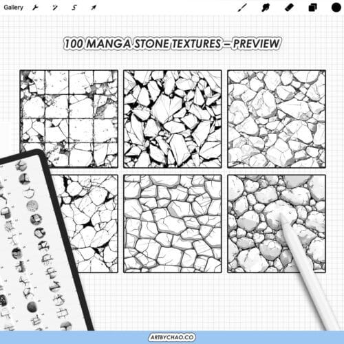Procreate Manga Stone Textures: anime rock, brick, marble & pebble pattern brushes (Photoshop supported)