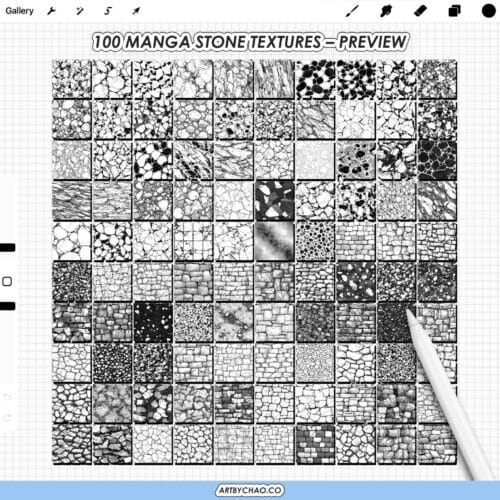 Procreate Manga Stone Textures: anime rock, brick, marble & pebble pattern brushes (Photoshop supported)