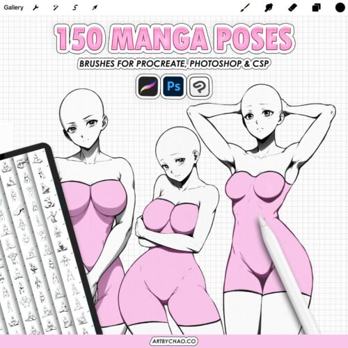 Procreate Manga Anime Poses – 150 base female anime body figure stamps (Photoshop & CSP supported) | for adult