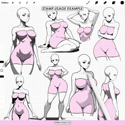 Procreate Manga Anime Poses – 150 base female anime body figure stamps (Photoshop & CSP supported) | for adult