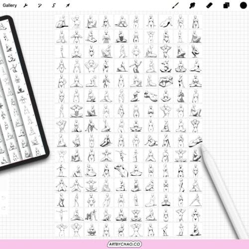 Procreate Manga Anime Poses – 150 base female anime body figure stamps (Photoshop & CSP supported) | for adult