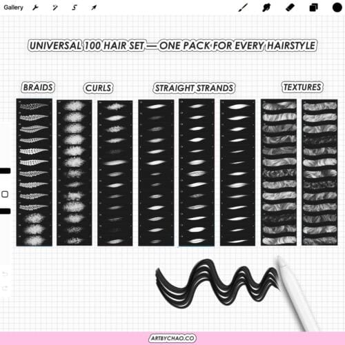 Procreate Hair Brushes: 100 basic brushes for hair drawing, braids & curls, straight strands, hair textures