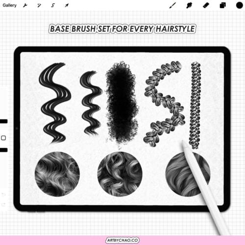 Procreate Hair Brushes: 100 basic brushes for hair drawing, braids & curls, straight strands, hair textures
