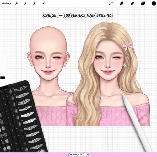 Procreate Hair Brushes: 100 basic brushes for hair drawing, braids & curls, straight strands, hair textures
