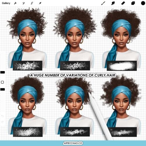 Procreate Curly Hair Brushes – 205 curls, braids, textures, hair edges