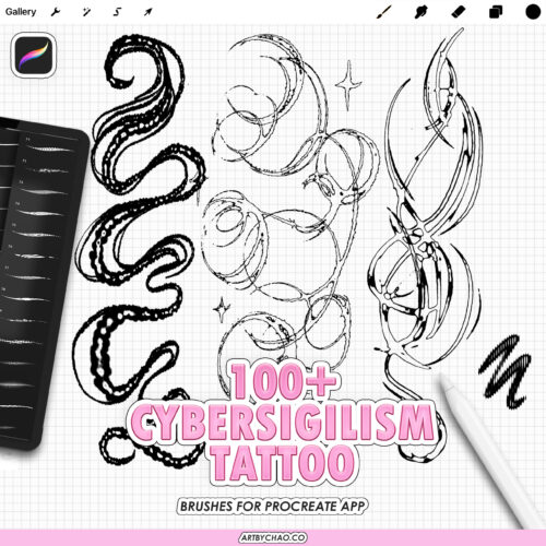 Cybersigilism Procreate Tattoo Brushes: 105 abstract line effects, ink outlines, textured strokes