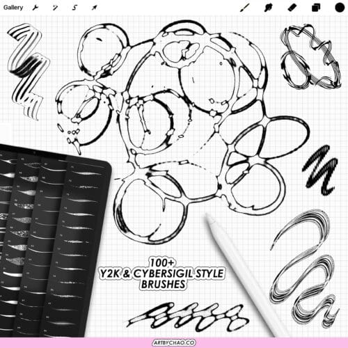 Cybersigilism Procreate Tattoo Brushes: 105 abstract line effects, ink outlines, textured strokes