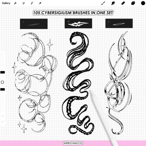 Cybersigilism Procreate Tattoo Brushes: 105 abstract line effects, ink outlines, textured strokes