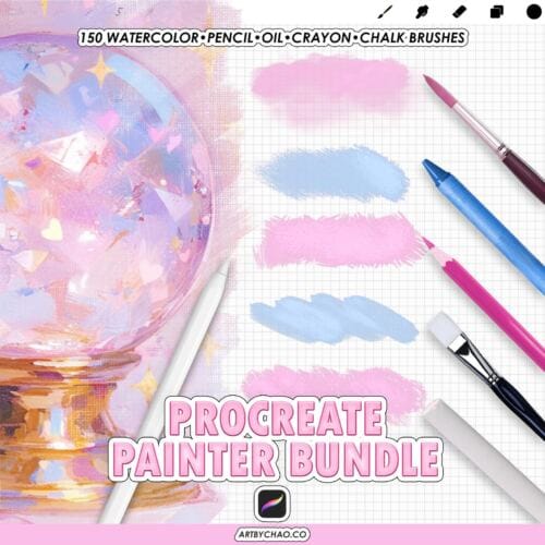 Procreate Painter Bundle: 150 watercolor, oil, pencil, crayon, pastel, chalk brushes