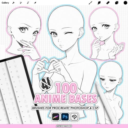 Procreate Manga Anime Bases: 100 pose and expression stamps (Photoshop & CSP supported)