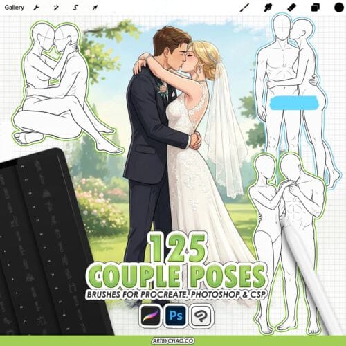Procreate Couple Pose Stamps: 125 stamp pose bases for romantic scenes (Photoshop & CSP supported)