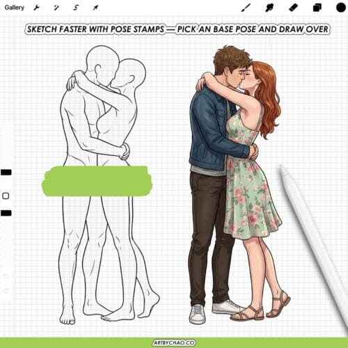 Procreate Couple Pose Stamps: 125 stamp pose bases for romantic scenes (Photoshop & CSP supported)