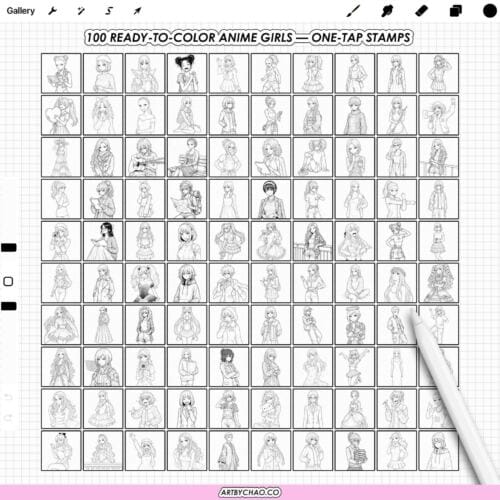 Procreate Anime Girls: 100 manga anime line art girl stamps (Photoshop & CSP supported)
