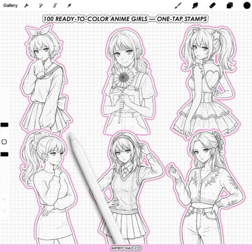 Procreate Anime Girls: 100 manga anime line art girl stamps (Photoshop & CSP supported)