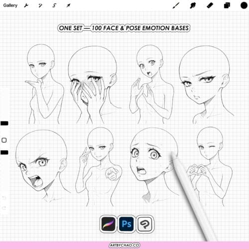 Procreate Manga Anime Bases: 100 pose and expression stamps (Photoshop & CSP supported)