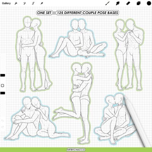 Procreate Couple Pose Stamps: 125 stamp pose bases for romantic scenes (Photoshop & CSP supported)