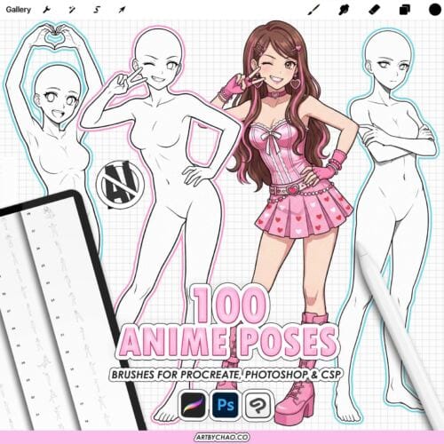 Procreate Manga Anime Poses: 100 body pose base stamps (Photoshop & CSP supported)